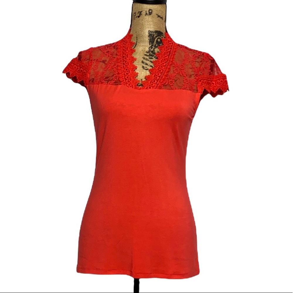 Coral Lace V-Neck Cap Sleeve T-Shirt Blouse Petite Medium